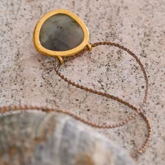 New ANTHRO 18k Gold Ss natural Spectrolite Red Agate Stone Pendant Necklace - Picture 4 of 7